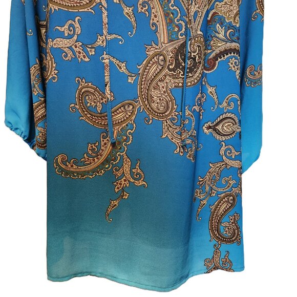❤️ 4/$20 Susan Graver top Women's 18W Teal tan paisley Keyhole tie 3/4 sleeve - Picture 3 of 13